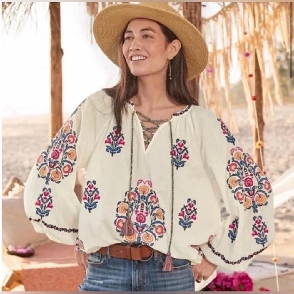 Sundance Emile Embroidered Boho Blouse NWOT Ivory Floral Top Petite Small